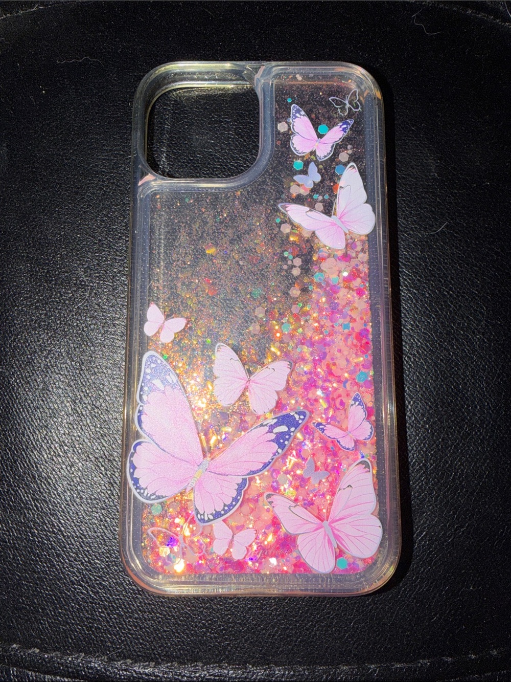 iPhone 15 Pink Butterfly Glitter Liquid Phone Case